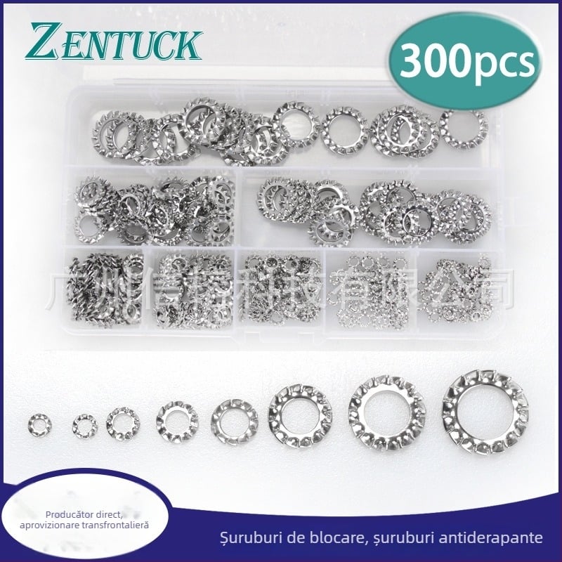 Șaibă de siguranță zimțată exterioară din oțel inoxidabil 304, set de 300 bucăți, formă de crizantemă