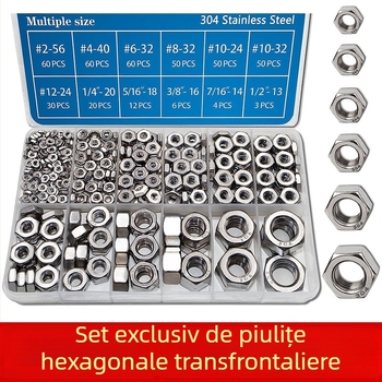 Set de piulițe hexagonale într-o cutie, 405 buc, oțel inoxidabil 304, DIN 934, A2-70