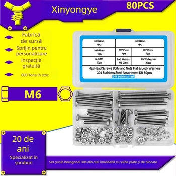 Set de 80 șuruburi cu cap hexagonal exterior din oțel inoxidabil 304, cu șaibe plate, șaibe elastice și piulițe DIN 933