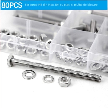 Set de 80 șuruburi cu cap hexagonal exterior din oțel inoxidabil 304, cu șaibe plate, șaibe elastice și piulițe DIN 933
