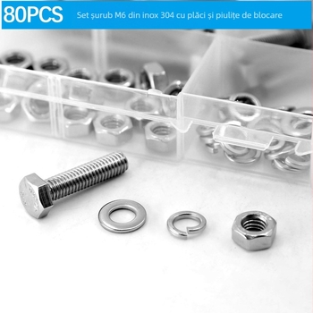 Set de 80 șuruburi cu cap hexagonal exterior din oțel inoxidabil 304, cu șaibe plate, șaibe elastice și piulițe DIN 933
