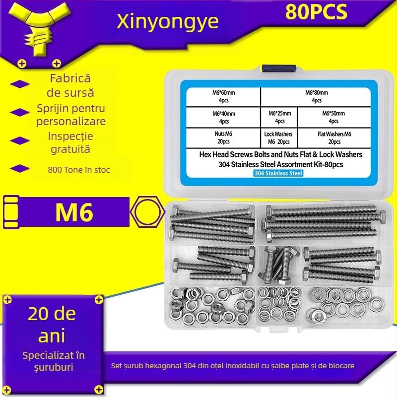 Set de 80 șuruburi cu cap hexagonal exterior din oțel inoxidabil 304, cu șaibe plate, șaibe elastice și piulițe DIN 933