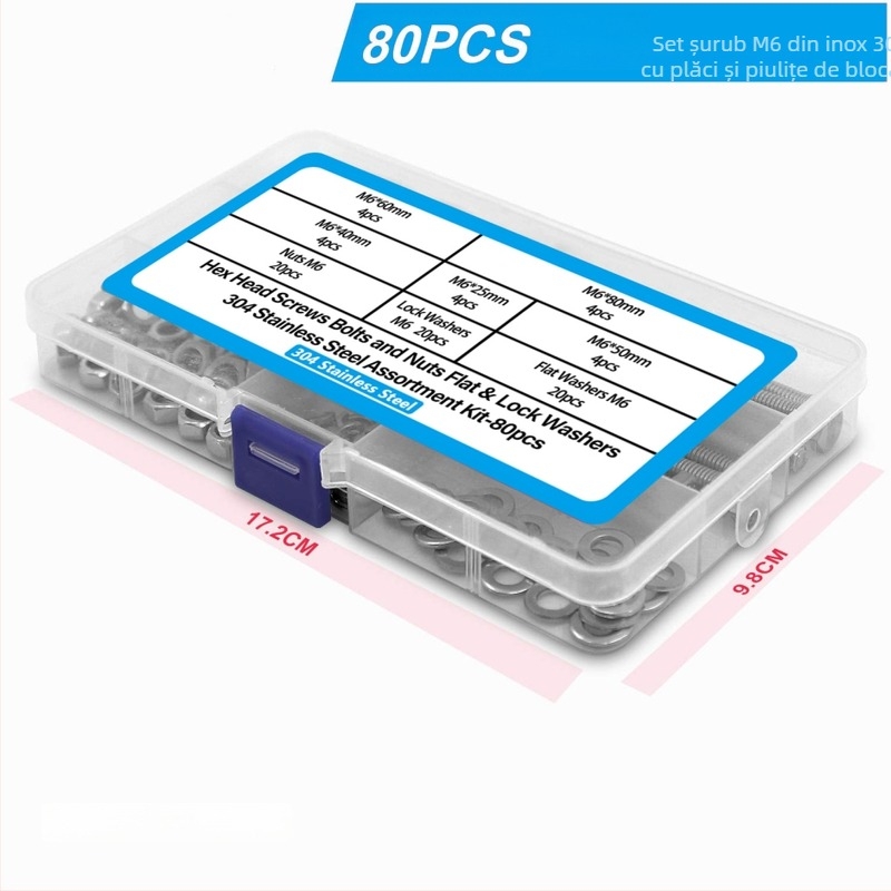 Set de 80 șuruburi cu cap hexagonal exterior din oțel inoxidabil 304, cu șaibe plate, șaibe elastice și piulițe DIN 933