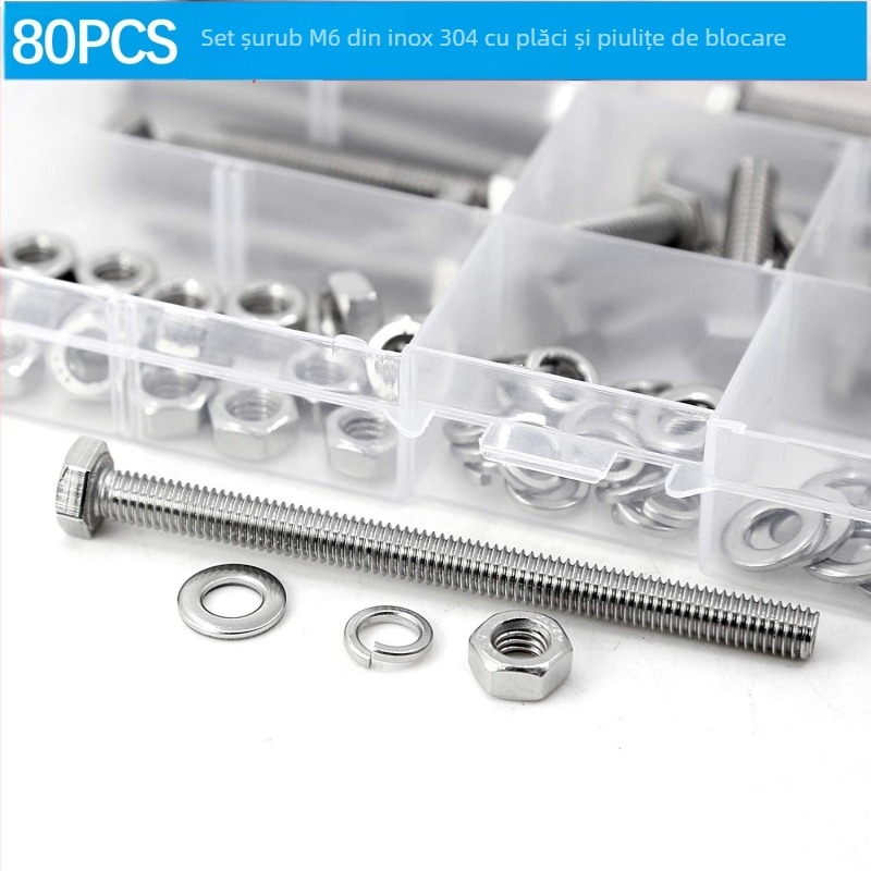 Set de 80 șuruburi cu cap hexagonal exterior din oțel inoxidabil 304, cu șaibe plate, șaibe elastice și piulițe DIN 933