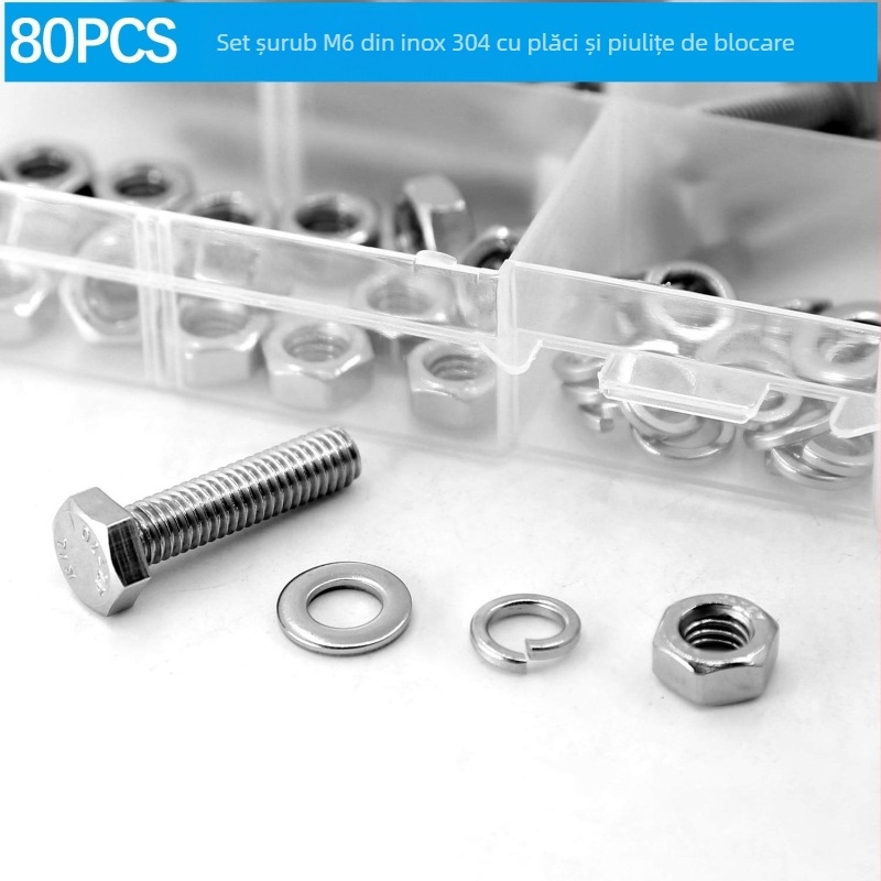 Set de 80 șuruburi cu cap hexagonal exterior din oțel inoxidabil 304, cu șaibe plate, șaibe elastice și piulițe DIN 933