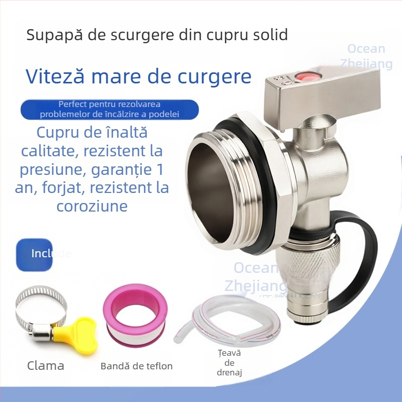 Valvă de drenaj pentru încălzire în pardoseală, din cupru, placare cupru-nichel, montaj în spirală, pentru apă