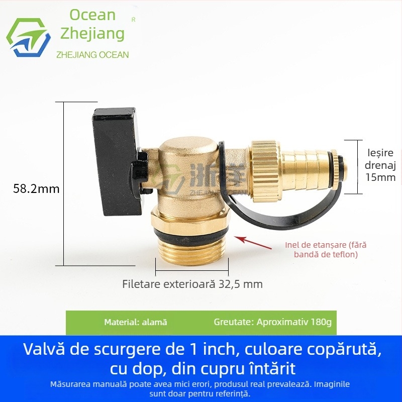 Valvă de drenaj pentru încălzire în pardoseală, din cupru, placare cupru-nichel, montaj în spirală, pentru apă