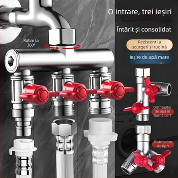 Supapă încastrată în perete, trei căi, cu diverter pentru mașina de spălat, din aliaj, finisaj emailat la cuptor, conexiune cu 4 căi