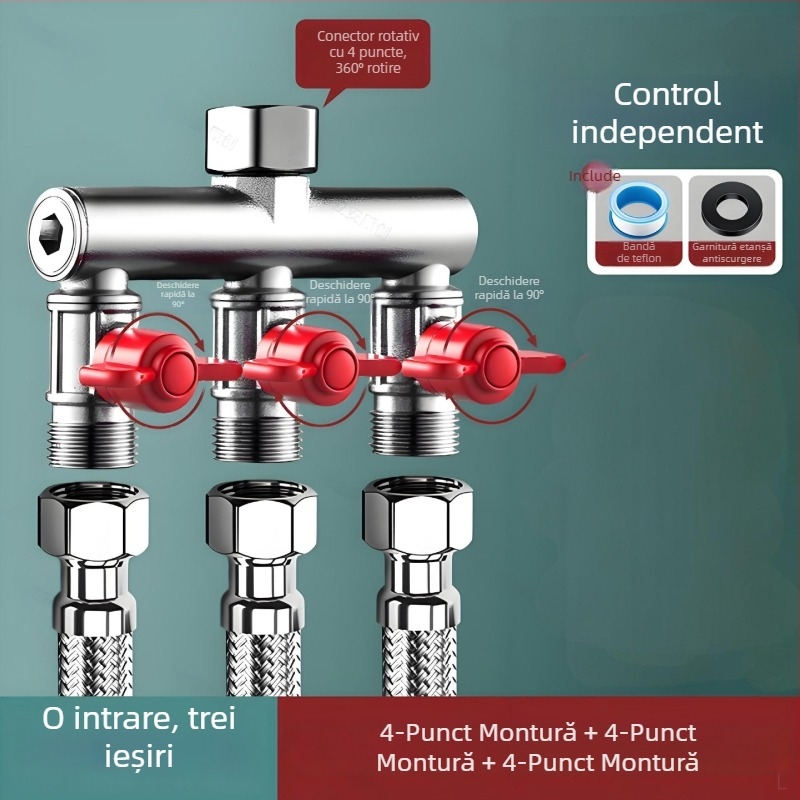 Supapă încastrată în perete, trei căi, cu diverter pentru mașina de spălat, din aliaj, finisaj emailat la cuptor, conexiune cu 4 căi