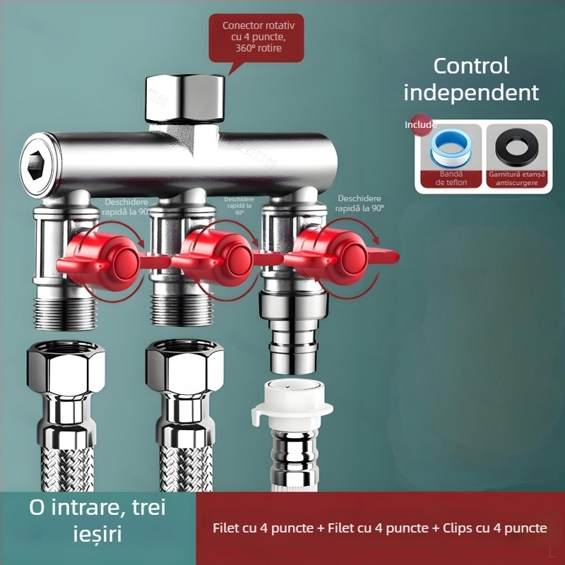 Supapă încastrată în perete, trei căi, cu diverter pentru mașina de spălat, din aliaj, finisaj emailat la cuptor, conexiune cu 4 căi