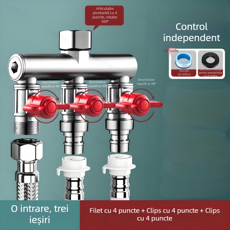 Supapă încastrată în perete, trei căi, cu diverter pentru mașina de spălat, din aliaj, finisaj emailat la cuptor, conexiune cu 4 căi