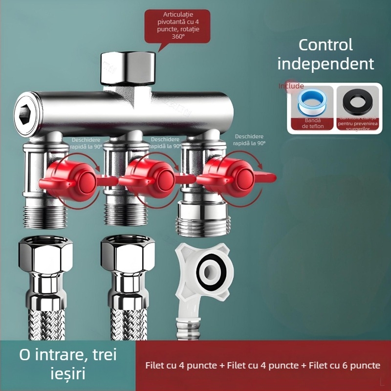 Supapă încastrată în perete, trei căi, cu diverter pentru mașina de spălat, din aliaj, finisaj emailat la cuptor, conexiune cu 4 căi
