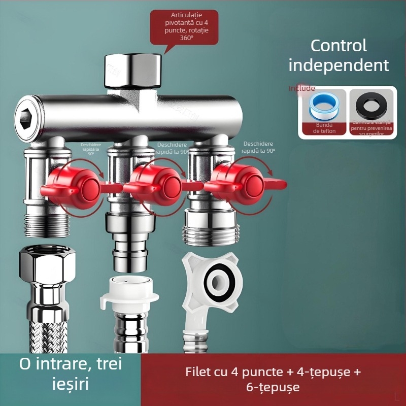 Supapă încastrată în perete, trei căi, cu diverter pentru mașina de spălat, din aliaj, finisaj emailat la cuptor, conexiune cu 4 căi