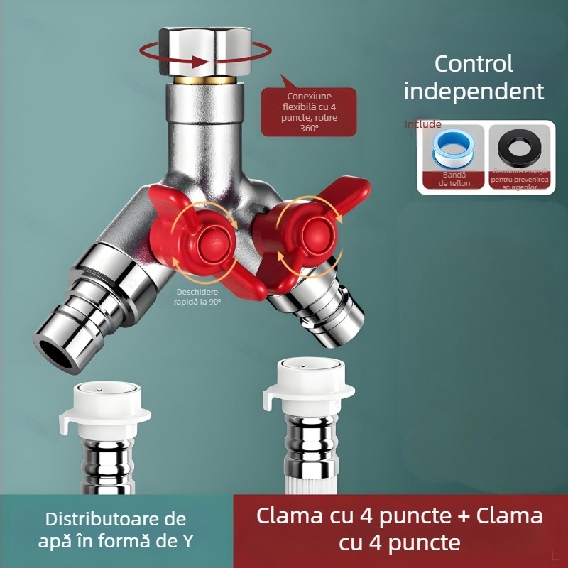 Supapă încastrată în perete, trei căi, cu diverter pentru mașina de spălat, din aliaj, finisaj emailat la cuptor, conexiune cu 4 căi