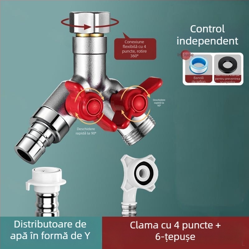 Supapă încastrată în perete, trei căi, cu diverter pentru mașina de spălat, din aliaj, finisaj emailat la cuptor, conexiune cu 4 căi