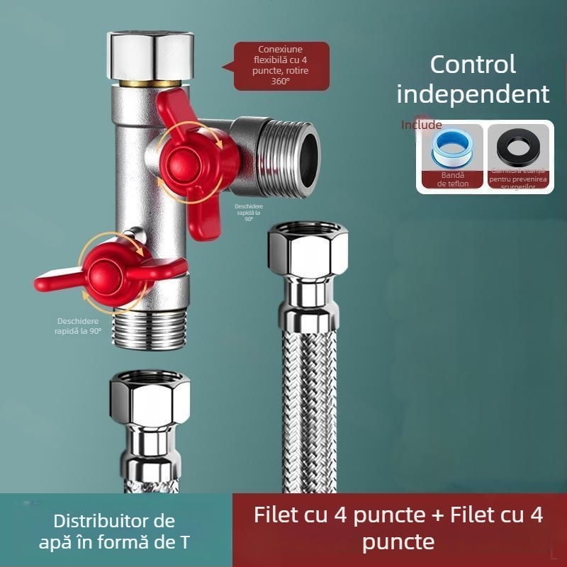 Supapă încastrată în perete, trei căi, cu diverter pentru mașina de spălat, din aliaj, finisaj emailat la cuptor, conexiune cu 4 căi