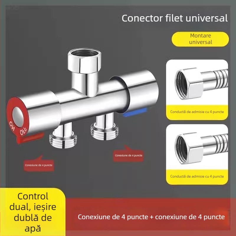 Supapă încastrată în perete, trei căi, cu diverter pentru mașina de spălat, din aliaj, finisaj emailat la cuptor, conexiune cu 4 căi