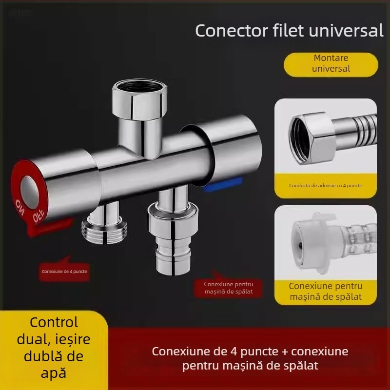 Supapă încastrată în perete, trei căi, cu diverter pentru mașina de spălat, din aliaj, finisaj emailat la cuptor, conexiune cu 4 căi