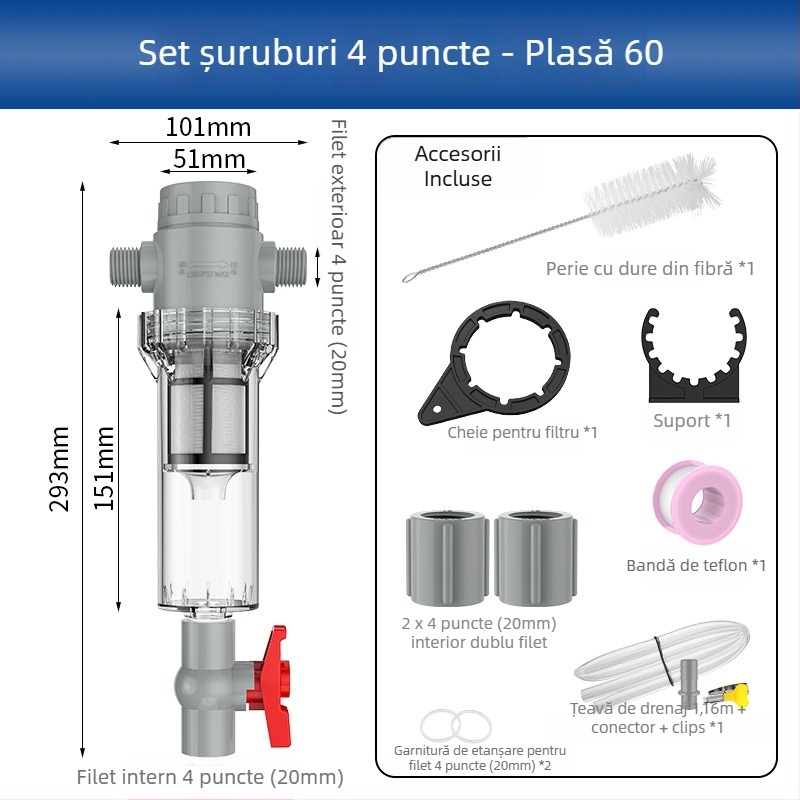 Filtru extensibil pentru acvariu cu plasă 10–200, cameră de sedimentare și supapă cu bilă (mediu filtrant)