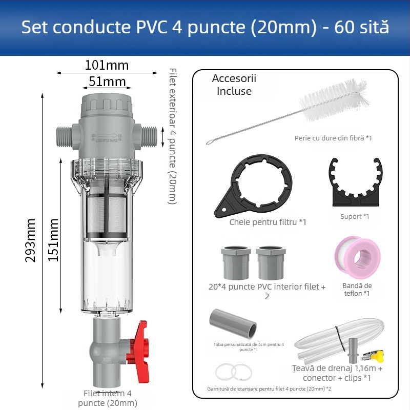 Filtru extensibil pentru acvariu cu plasă 10–200, cameră de sedimentare și supapă cu bilă (mediu filtrant)