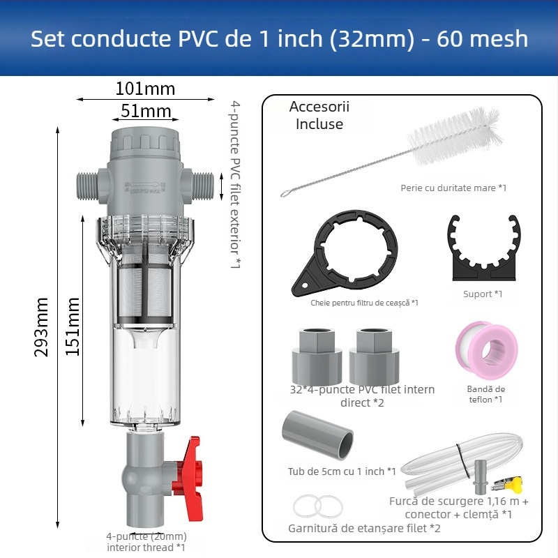 Filtru extensibil pentru acvariu cu plasă 10–200, cameră de sedimentare și supapă cu bilă (mediu filtrant)