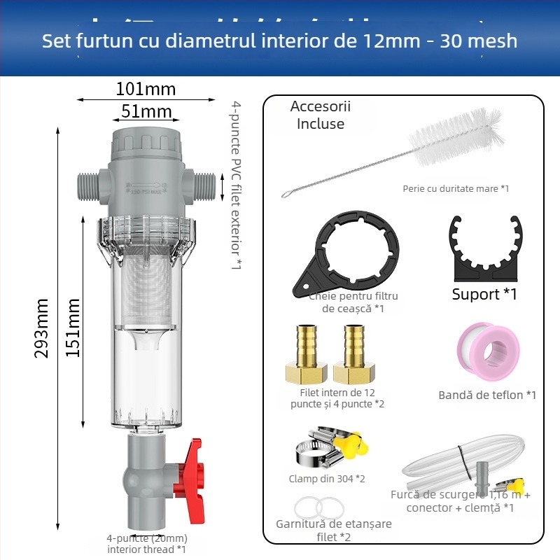 Filtru extensibil pentru acvariu cu plasă 10–200, cameră de sedimentare și supapă cu bilă (mediu filtrant)