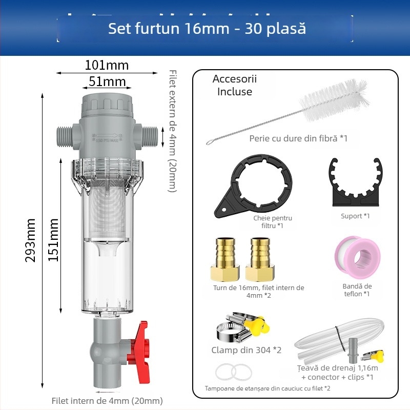Filtru extensibil pentru acvariu cu plasă 10–200, cameră de sedimentare și supapă cu bilă (mediu filtrant)