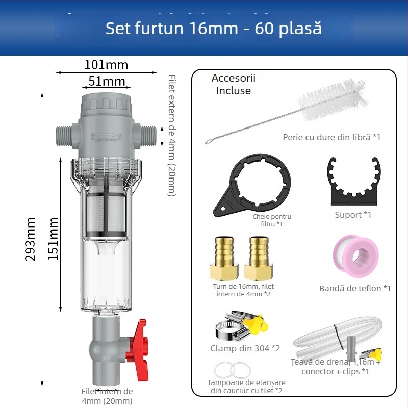 Filtru extensibil pentru acvariu cu plasă 10–200, cameră de sedimentare și supapă cu bilă (mediu filtrant)