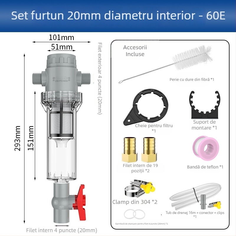 Filtru extensibil pentru acvariu cu plasă 10–200, cameră de sedimentare și supapă cu bilă (mediu filtrant)