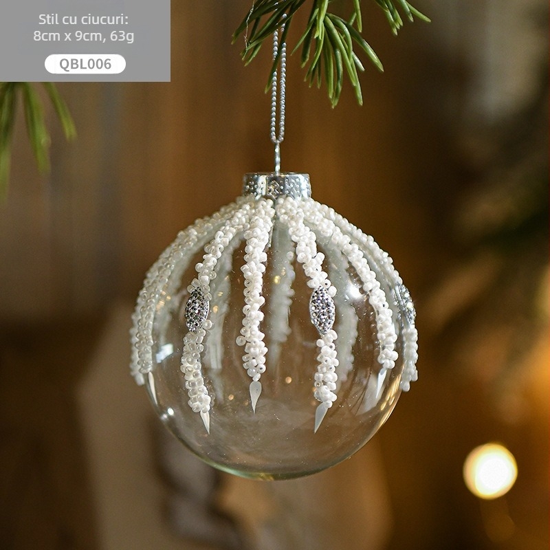 Ornament de Crăciun din sticlă transparentă, cu paiete cristalice - făcut manual, stil modern minimalist; cadou pentru colegi sau prieteni