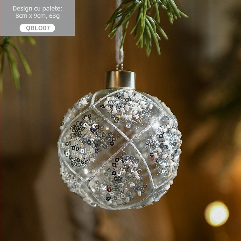 Ornament de Crăciun din sticlă transparentă, cu paiete cristalice - făcut manual, stil modern minimalist; cadou pentru colegi sau prieteni