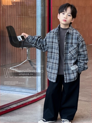 Cămașă pentru băieți cu căptușire, în dungi, stil coreean, mâneci lungi, iarna 2025