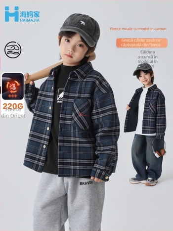 Cămașă de copii din bumbac cu model carouri, stil coreean, guler rever, mâneci lungi, tratament moale, versiune de iarnă