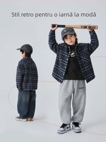 Cămașă de copii din bumbac cu model carouri, stil coreean, guler rever, mâneci lungi, tratament moale, versiune de iarnă