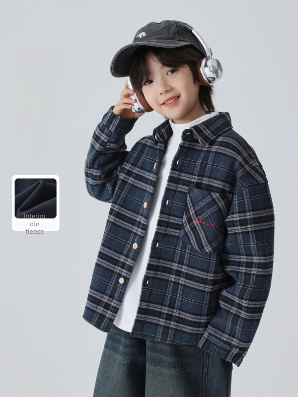 Cămașă de copii din bumbac cu model carouri, stil coreean, guler rever, mâneci lungi, tratament moale, versiune de iarnă