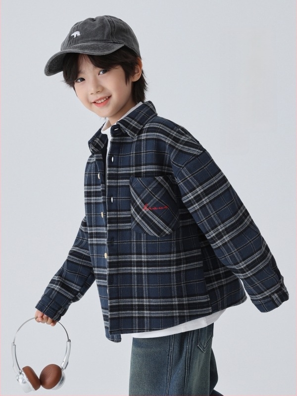 Cămașă de copii din bumbac cu model carouri, stil coreean, guler rever, mâneci lungi, tratament moale, versiune de iarnă