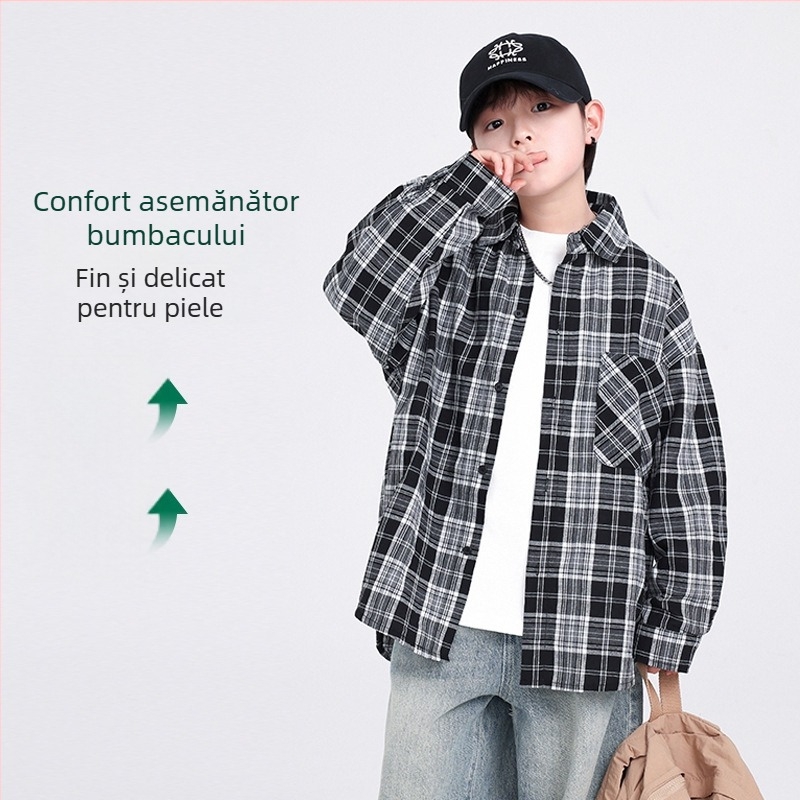 Cămașă pentru copii, stil coreean, carouri, din bumbac, mâneci lungi, pentru primăvară și toamnă