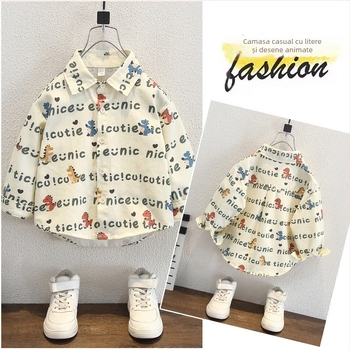 Cămașă pentru copii cu imprimeu complet din dinozaur cu litere, mâneci lungi, finisaj moale, 90% bumbac, pentru copii 3–8 ani