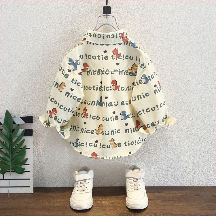 Cămașă pentru copii cu imprimeu complet din dinozaur cu litere, mâneci lungi, finisaj moale, 90% bumbac, pentru copii 3–8 ani