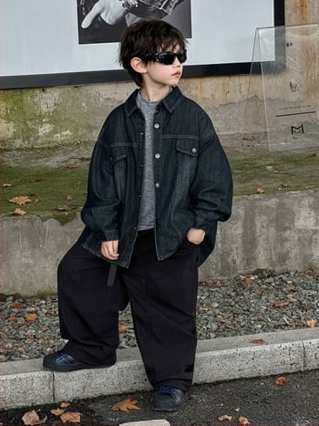 Jachetă-cămașă din denim pentru copii, mâneci lungi, guler rever, 72% bumbac, 28% poliester, țesătură groasă, toamnă 2025