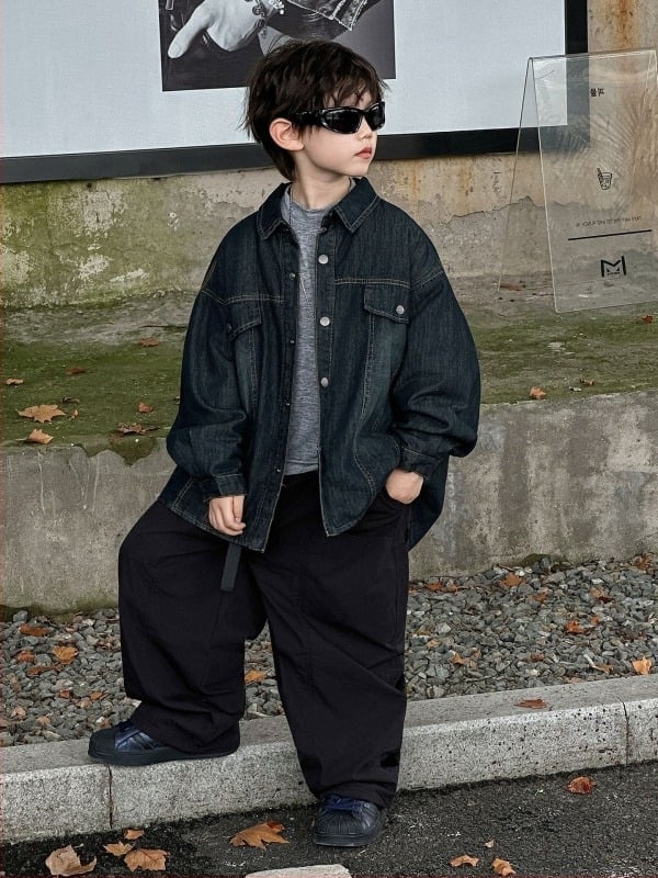 Jachetă-cămașă din denim pentru copii, mâneci lungi, guler rever, 72% bumbac, 28% poliester, țesătură groasă, toamnă 2025