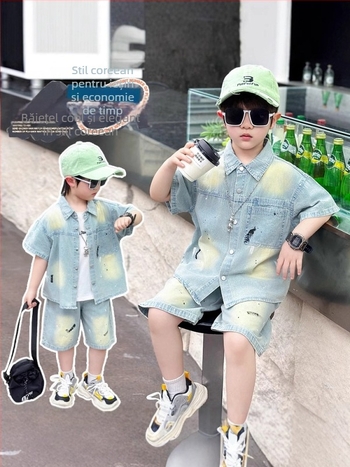 Set din denim pentru copii, două piese, cămașă cu mânecă scurtă și pantaloni capri, vară, stil lejer, bumbac 71-80%