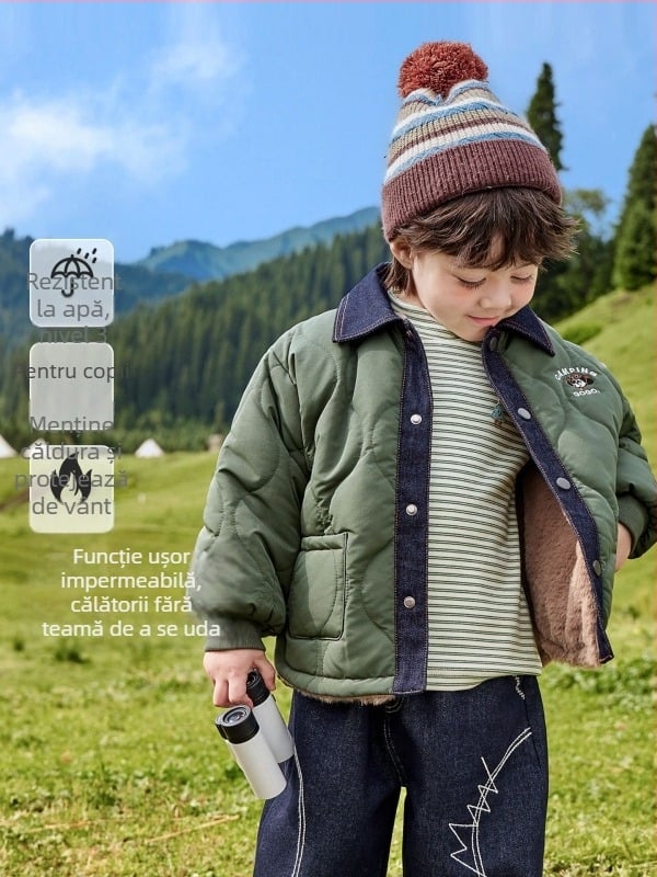 Palton gros din poliester pentru copii, cu panouri din denim, guler rever, inchidere cu nasturi ascunși, pentru iarnă, copii 3–8 ani.
