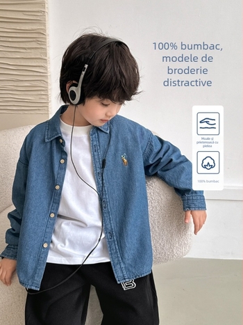 Cămașă de denim pentru copii, mâneci lungi, 100% bumbac, stil coreean, pentru primăvară și toamnă
