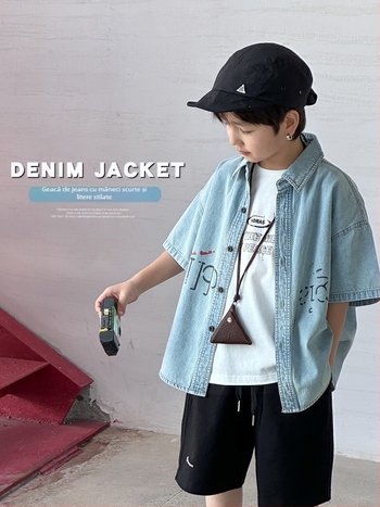 Cămașă denim pentru copii cu mânece scurte, imprimeu alfabet, unisex, guler rever, țesătură moale, 100% bumbac, vară