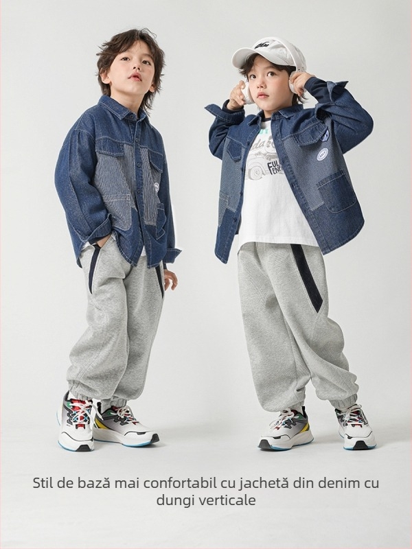 Cămașă de denim pentru băieți, din amestec de bumbac, mâneci lungi, guler rever, pentru primăvară-toamnă