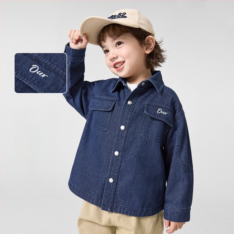 Cămașă-jachetă din denim pentru băieți, stil casual, guler rever, mâneci lungi, model cu litere, amestec de bumbac, primăvară-toamnă 2025