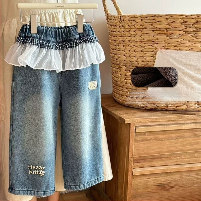 Jeans de iarnă pentru fete, căptușeală fleece, stil coreean, talie elastică, model desen animat, vârsta 1-3 ani