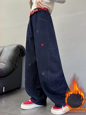 Blugi de iarnă pentru fetițe, stil leisure, denim, bumbac 63,1%, talie medie cu curea elastică, culoare solidă, iarnă 2025