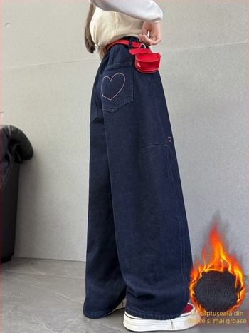 Blugi de iarnă pentru fetițe, stil leisure, denim, bumbac 63,1%, talie medie cu curea elastică, culoare solidă, iarnă 2025